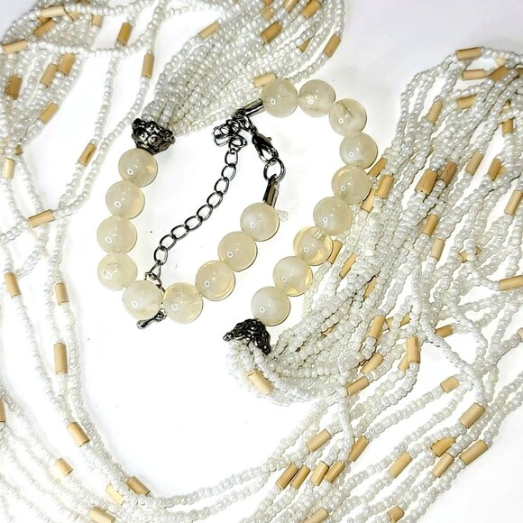 Waterfall Necklace 16" White and Tan Glass Micro Bead 12 Strand Jewelry CT223 - Picture 2 of 5